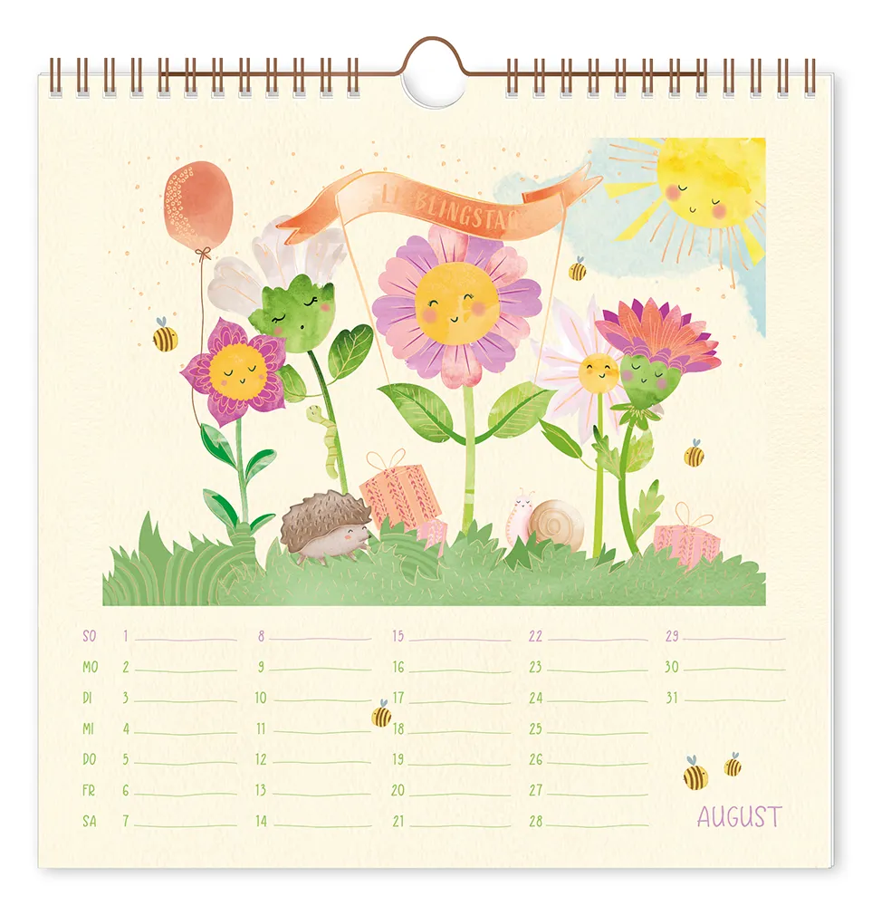 Wandkalender - "Lieblingstage" - 2027 -  Monat August - Eine Gruppe von Blumen und Tieren, die gemeinsam etwas feiern.