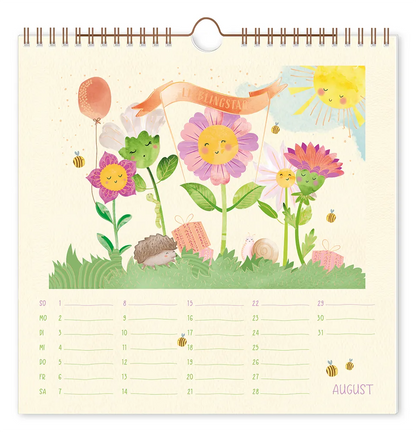 Wandkalender - "Lieblingstage" - 2027 -  Monat August - Eine Gruppe von Blumen und Tieren, die gemeinsam etwas feiern.