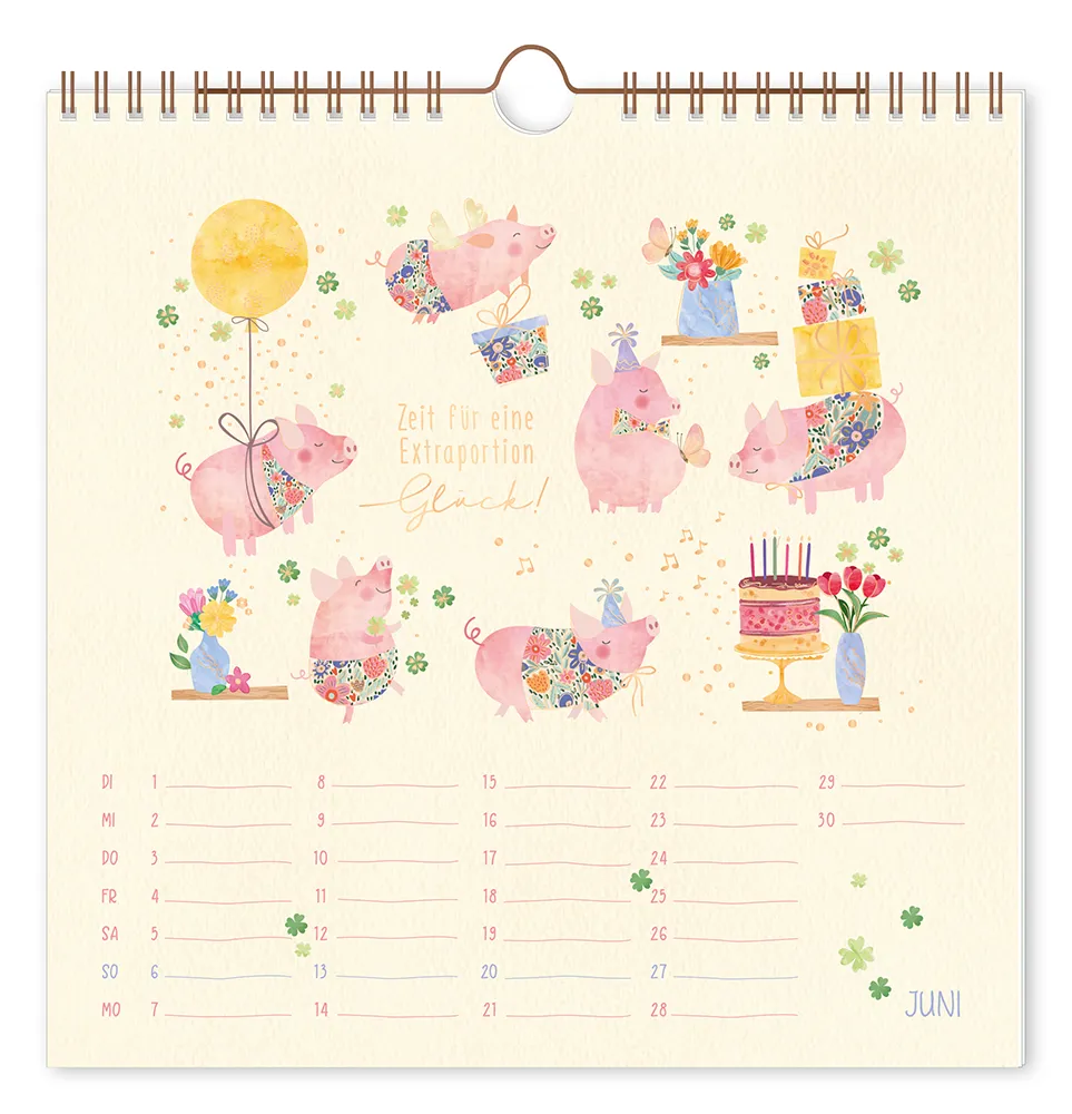 Wandkalender - "Lieblingstage" - 2027 -  Monat Juni - Text: "Zeit für eine Extraportion Glück!" Design: Eine Gruppe von Schweinen in verschiedenen SItuationen.