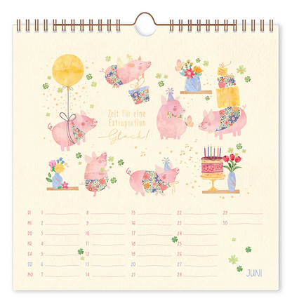 Wandkalender - "Lieblingstage" - 2027 -  Monat Juni - Text: "Zeit für eine Extraportion Glück!" Design: Eine Gruppe von Schweinen in verschiedenen SItuationen.