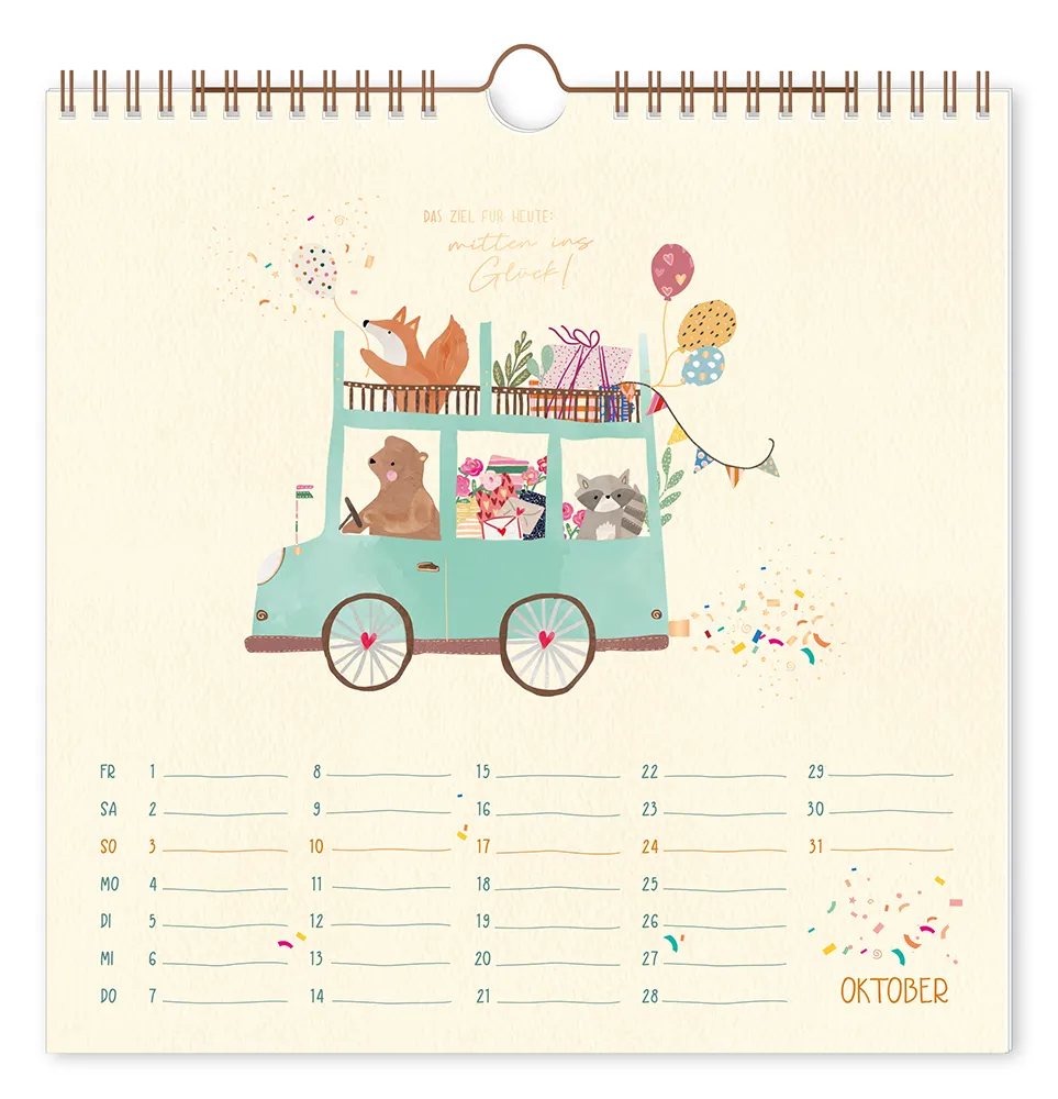 Wandkalender - "Lieblingstage" - 2027 -  Monat Oktober - Text: "Das Ziel für heute: mitten ins Glück!" Design: Ein Bär, ein Waschbär und ein Fuchs, die gemeinsam in einem Auto auf reisen gehen.