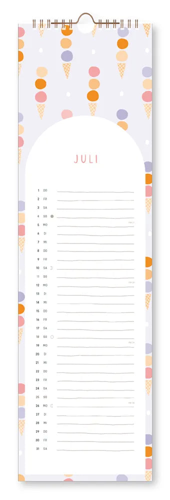Wandkalender - "Glücksmomente - 2027 - Cover -  Monat Juli - Mit Eiswaffeln mit jeweils 3 Kugeln Eis.