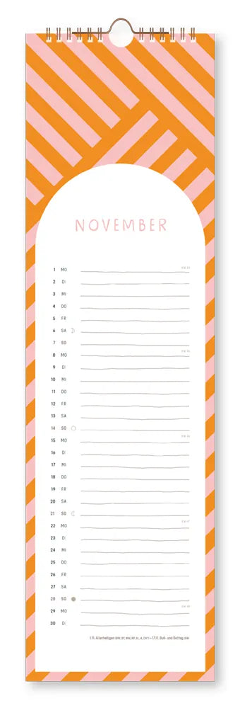 Wandkalender - "Glücksmomente - 2027 - Cover -  Monat November - Mit orangenen und rosa Linien