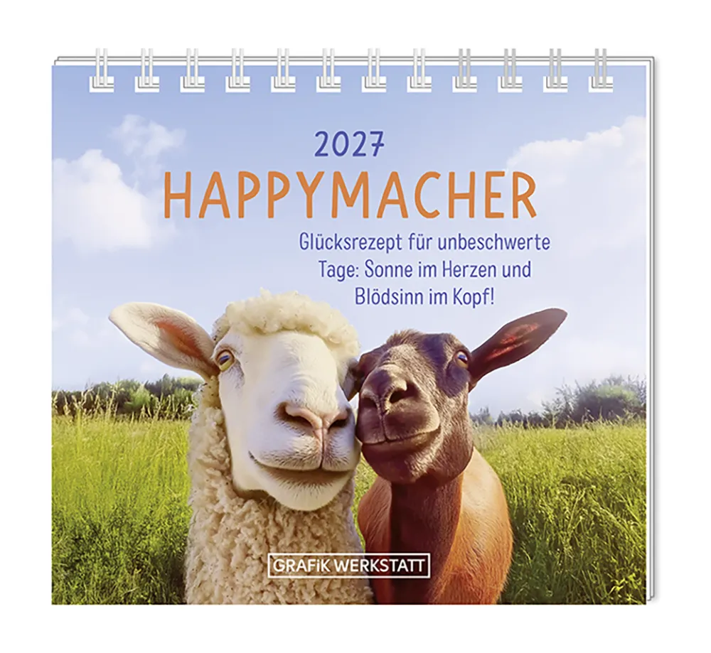 Mini Kalender - "Happymacher" - 2027 - Cover - Text: "2027" "Happymacher" "Glücksrezept für unbeschwerte Tage: Sonne im Herzen und Blödsinn im Kopf!" Design: Zwei aneinander gekuschelte Schafe auf einer Wiesenlandschaft