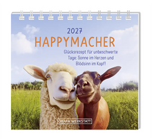 Mini Kalender - "Happymacher" - 2027 - Cover - Text: "2027" "Happymacher" "Glücksrezept für unbeschwerte Tage: Sonne im Herzen und Blödsinn im Kopf!" Design: Zwei aneinander gekuschelte Schafe auf einer Wiesenlandschaft