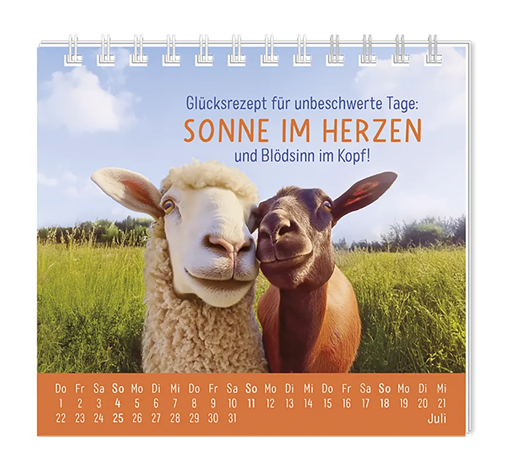 Mini Kalender - "Happymacher" - 2027 - Monat Juli - Spruch: "Glücksrezept für unbeschwerte Tage: Sonne im Herzen und Blödsinn im Kopf!"  Design: Zwei aneinander gekuschelte Schafe auf einer Wiesenlandschaft
