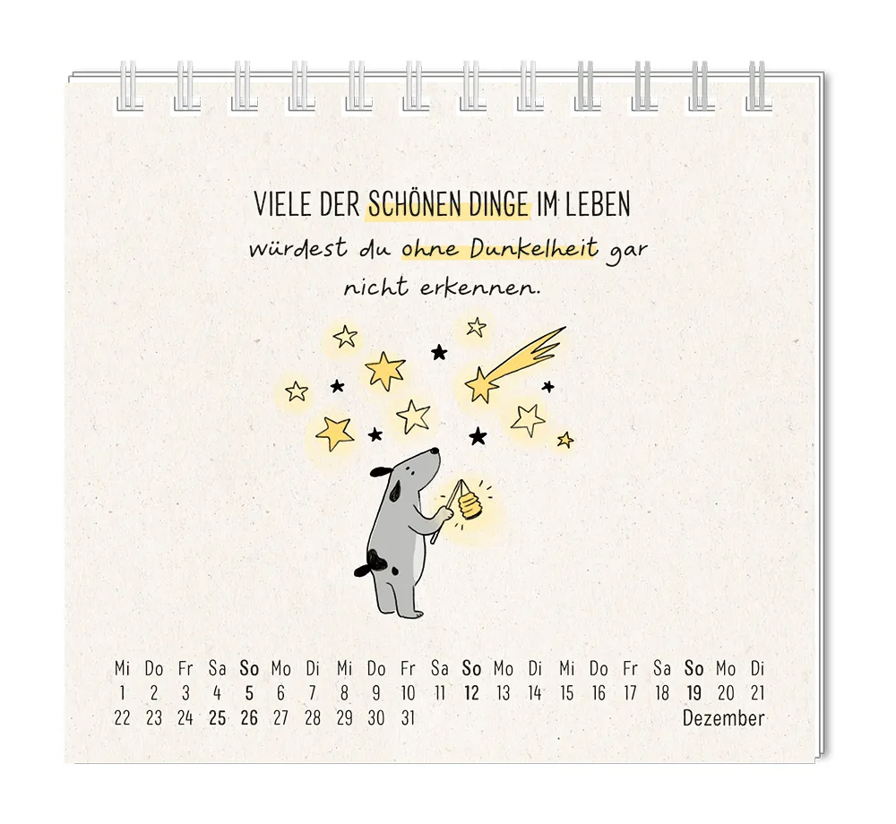 Mini Kalender - "Man muss mit allem rechnen" - 2027 -  Monat Dezember - Spruch: "Viele schöne Dinge im Leben würdest du ohne Dunkelheit gar nicht erkennen." Design: Ein Hund, welcher eine Laterne trägt und in den Sternenhimmel schaut.