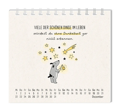 Mini Kalender - "Man muss mit allem rechnen" - 2027 -  Monat Dezember - Spruch: "Viele schöne Dinge im Leben würdest du ohne Dunkelheit gar nicht erkennen." Design: Ein Hund, welcher eine Laterne trägt und in den Sternenhimmel schaut.