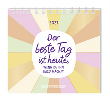 Mini Kalender - "Der beste Tag" - 2027 - Cover - Text: "2027" "Der beste Tag ist heute, wenn du ihn dazu machst." Design: Text geschrieben in einer weißen Kreisform aus der bunte Streifen ausgehen. 
