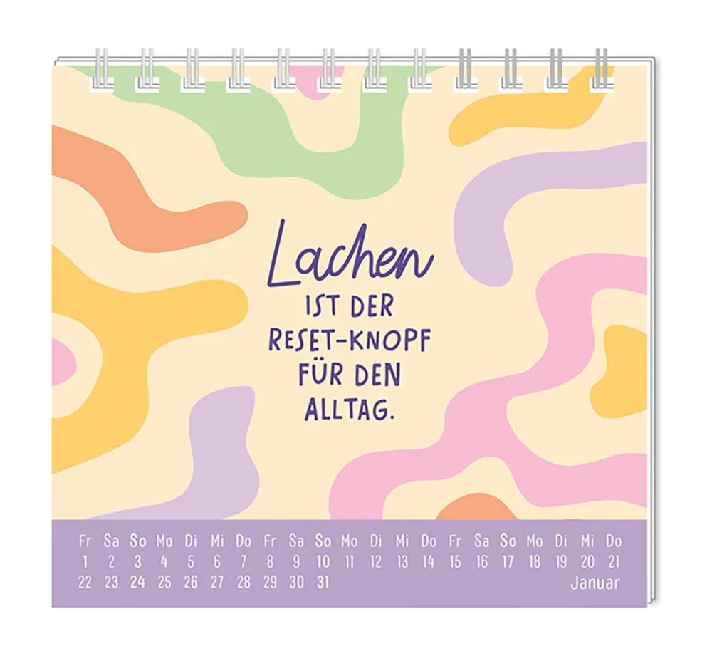 Mini Kalender - "Der beste Tag" - 2027 - Monat Januar - Spruch: "Lachen ist der Reset-Knopf für den Alltag." Design: Verschiedene farbige Formen im Hintergrund