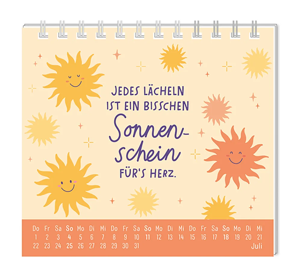 Mini Kalender - "Der beste Tag" - 2027 - Monat Juli - Spruch: "Jedes lächeln ist ein bisschen Sonnenschein für´s Herz." Design: Spruch umringt von lächelnden Sonnen und Sternen.