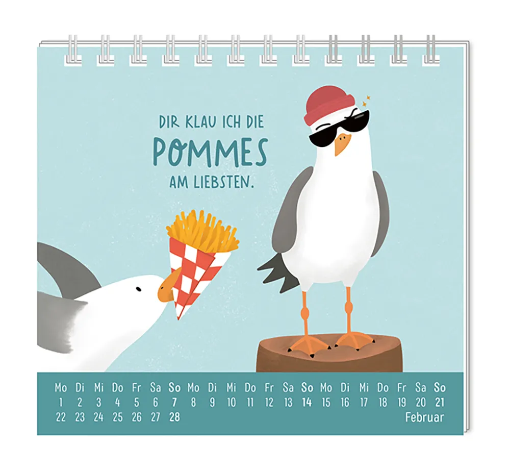 Mini Kalender - "Voll schön" - 2027 - Monat Februar - Spruch: "Die Klau ich die Pommes am liebsten." Design: Zwei Möwen. Eine steht auf einem Stamm und trägt eine Sonnbrille und eine Mütze, während die andere eine Tüte Pommes im Schnabel hat.