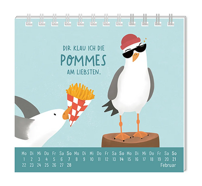 Mini Kalender - "Voll schön" - 2027 - Monat Februar - Spruch: "Die Klau ich die Pommes am liebsten." Design: Zwei Möwen. Eine steht auf einem Stamm und trägt eine Sonnbrille und eine Mütze, während die andere eine Tüte Pommes im Schnabel hat.