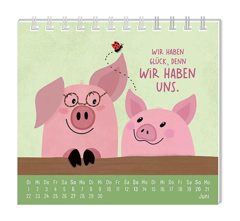 Mini Kalender - "Voll schön" - 2027 -  Monat Juni - Spruch: "Wir haben Glück, denn wir haben uns." Design: Zwei Schweine, eine mit Brille und eins ohne, schauen sich gegenseitig glücklich an.