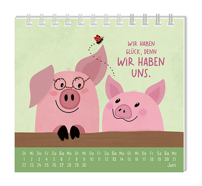 Mini Kalender - "Voll schön" - 2027 -  Monat Juni - Spruch: "Wir haben Glück, denn wir haben uns." Design: Zwei Schweine, eine mit Brille und eins ohne, schauen sich gegenseitig glücklich an.