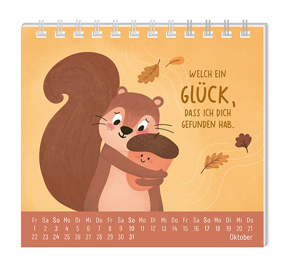 Mini Kalender - "Voll schön" - 2027 - Monat Oktober - Spruch: "Welch ein Glück, dass ich dich gefunden hab." Design: Ein Eichhörnchen umarmt liebevoll eine lächelnde Eichel.