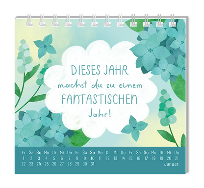 Mini-Kalender - "Du bist wundervoll" - 2027 -  Monat Januar - Spruch: "Dieses Jahr machst du zu einem fantastischen Jahr!" Design: Spruch in weißer Wolke umringt von blauen Blumen.