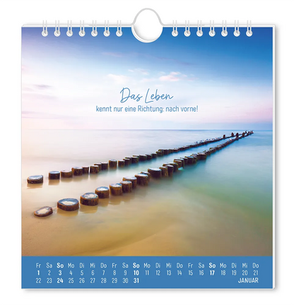 Postkartenkalender - "Strandgut" - 2027 - Monat Januar -  2 Reihen an Holzstämmen, die ins Meer führen. Leicht bewölkter Himmel. Mit dem Spruch "Das Leben kennt nur eine Richtung: nach vorne!"