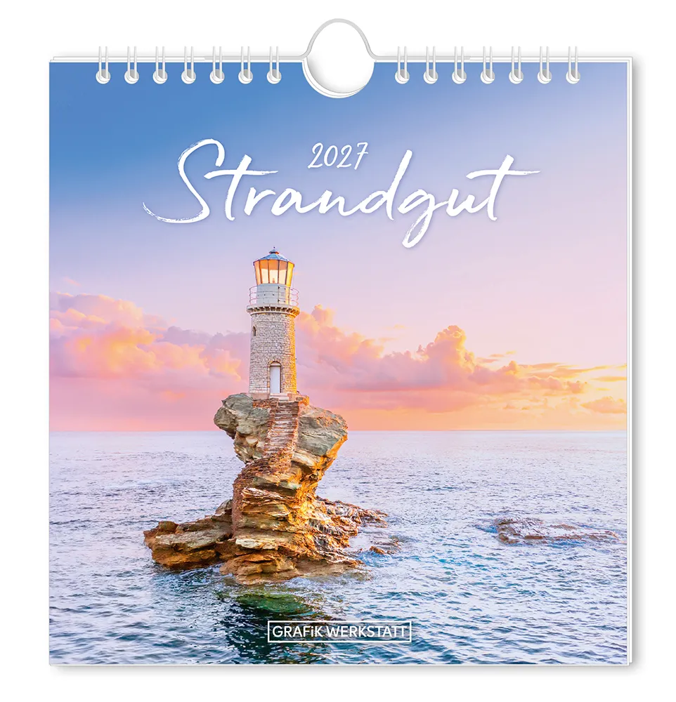 Postkartenkalender - "Strandgut" - 2027 - Titelblatt - Ein Leuchtturm  auf einem Felsvorsprung mitten im Meer