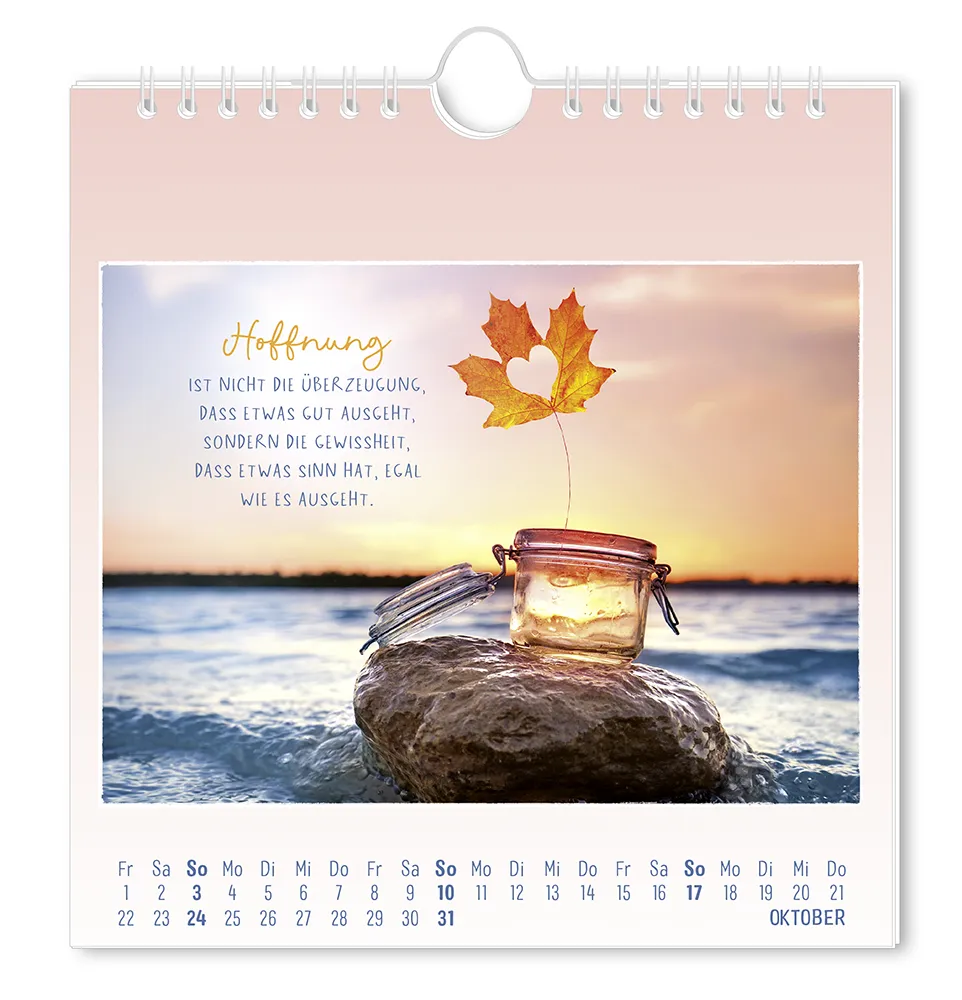 Postkartenkalender - 2027 - "Traumtage" - Monat Oktober - Ein Blatt mit Herzausschnitt, dass aus einem Glas herausragt, welches auf einem Stein im Wasser liegt, mit dem Spruch "Hoffnung  ist nicht die Überzeugung, dass etwas gut ausgeht, sondern die Gewissheit, dass etwas Sinn hat, egal wie es Aussieht."