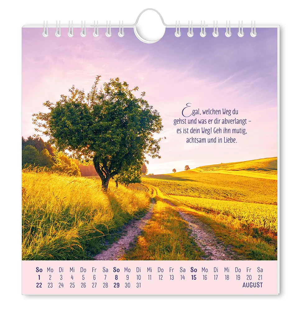 Postkartenkalender 2027 "Lebenszeichen" - Monat August - Feldweg mit Blick auf bewachsenen Felden und Bäumen mit dem Spruch "Egal, welchen Weg du gehst und was er dir abverlangt - es ist dein Weg! Geh ihn mutig, achtsam und in Liebe."