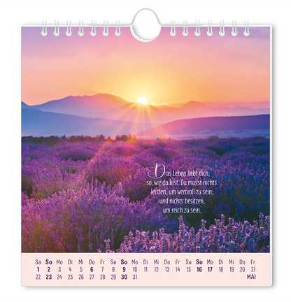 Postkartenkalender 2027 "Lebenszeichen" -  Monat Mai - Violettes Blumenfeld mit Bergen im Hintergrund bei Sonnenuntergang mit dem Spruch "Das Leben liebt dich, so, wie du bist. Du musst nichts leisten um Wertvoll zu , und nichts besitzen, um reich zu sein."