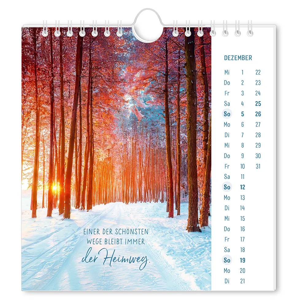Postkartenkalender "Lichtblicke" 2027 -  Monat Dezember - Verschneiter weg im Wald bei Sonnenuntergang mit dem Spruch "Einer der schönsten Wege bleibt immer der Heimweg."