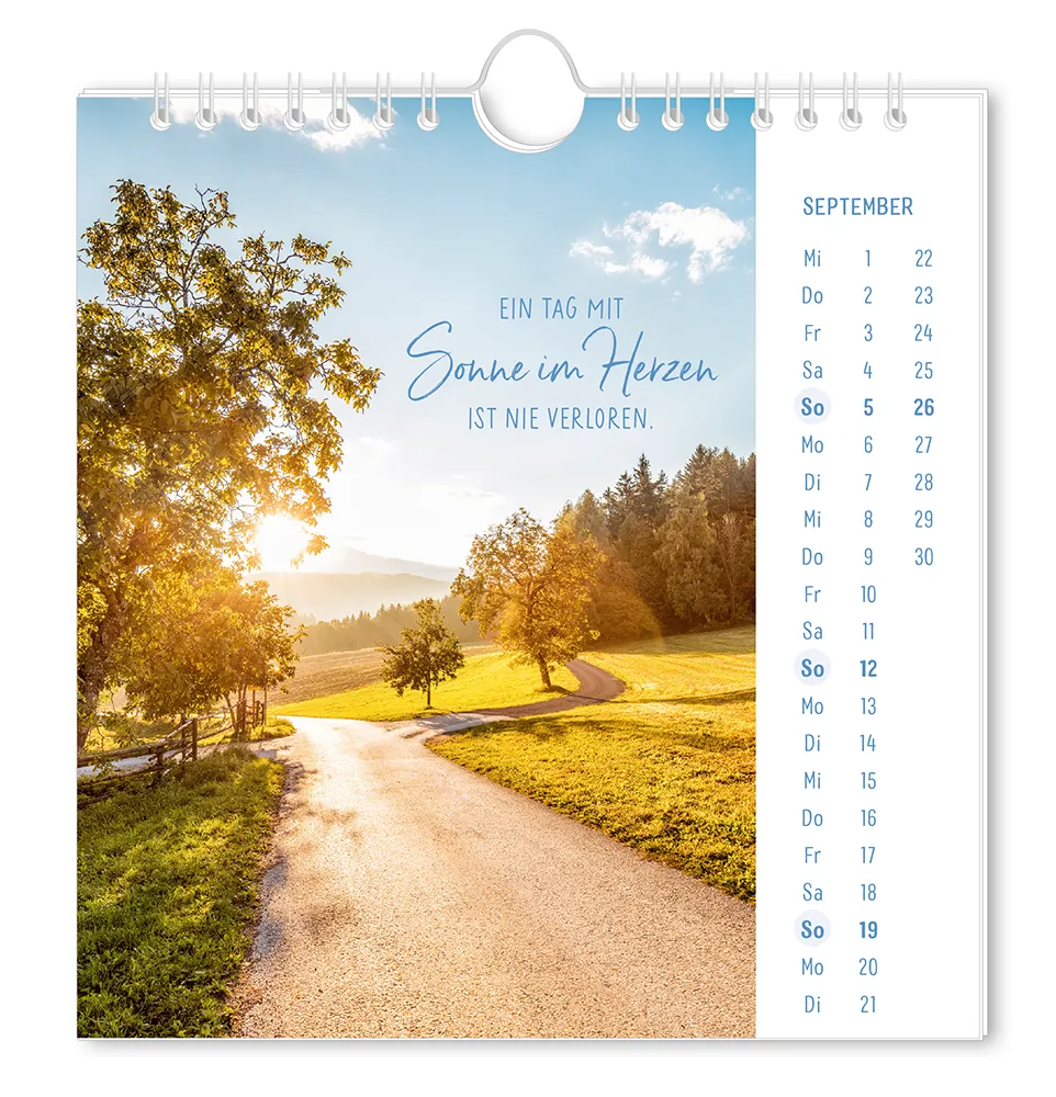 Postkartenkalender "Lichtblicke" 2027 -  Monat September - Weg mit Bäumen bei Sonnenschein mit dem Spruch "Ein Tag mit Sonne im Herzen ist nie Verloren."