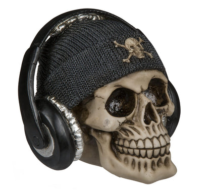Totenkopf-Spardose mit Mütze und Kopfhörer