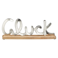 Schriftzug "Glück" aus Aluminium auf Holzfuß L