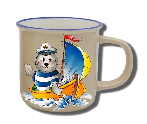 Handgemachte Tasse "Seehund auf Boot" mit Wunschname