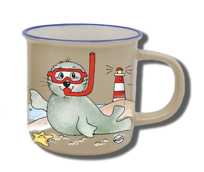 Handgemachte Tasse "Seehund mit Taucherbrille" mit Wunschname