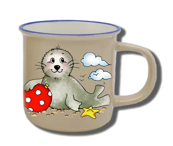 Handgemachte Tasse "Seehund mit Ball" mit Wunschname