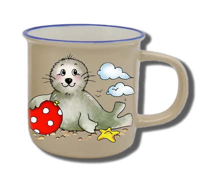 Handgemachte Tasse "Seehund mit Ball" mit Wunschname