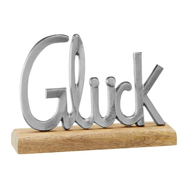 Deko-Schriftzug "Glück" aus Alu auf Holzfuß