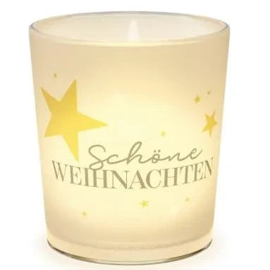 Warm leuchtendes cremeweißes Windlicht mit goldfarbenen Sternen und dem Schriftzug „Schöne Weihnachten“