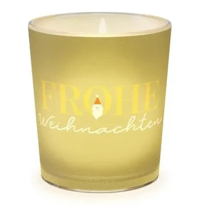 Warm leuchtendes hellgrünes Windlicht mit Schriftzug „Frohe Weihnachten“ und kleinem Weihnachtsmannmotiv