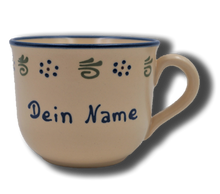 Handgemachte Jumbo-Tasse mit Wunschnamen/Wunschtext - Ammerland, mit blauer Schrift