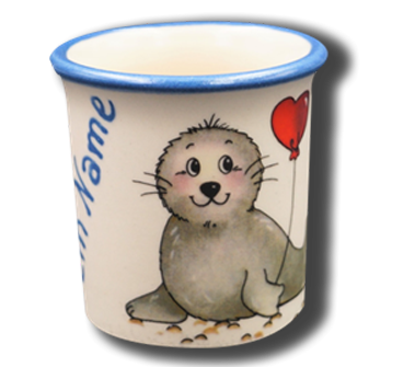 Handgemachter Eierbecher mit Seehund-Motiv "Herzballon" und Wunschname