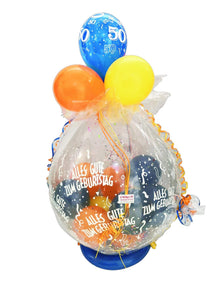 Geschenkballon in blau, gelb und orange verpackt in Folie zum 50. Geburtstag