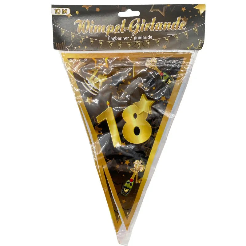 Wimpel Girlande zum 18. Geburtstag in schwarz und gold