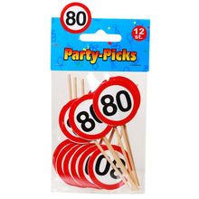 Party-Picks in Verkehrszeichen-Design auf Holzstab mit der Zahl 80