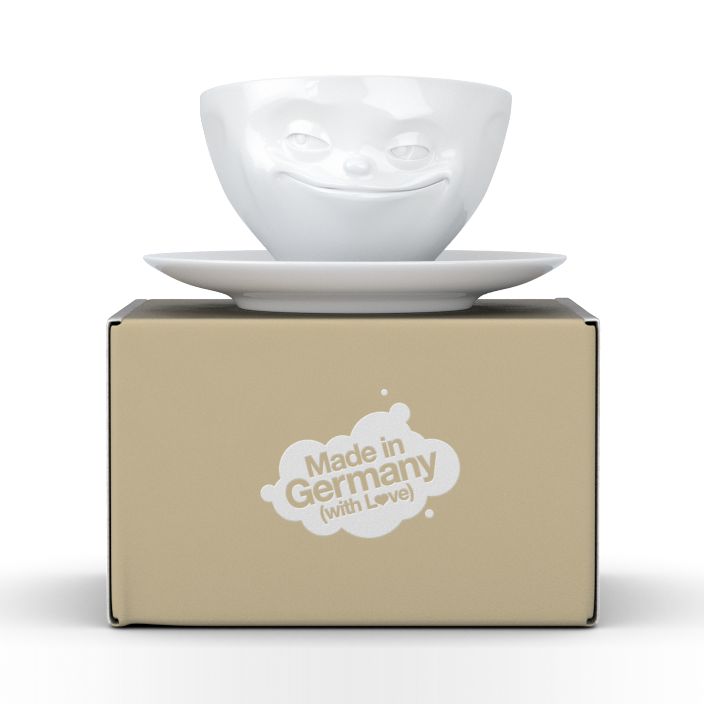FiftyEight Kaffeetasse "Grinsend", Front mit GEschenkbox, weiß
