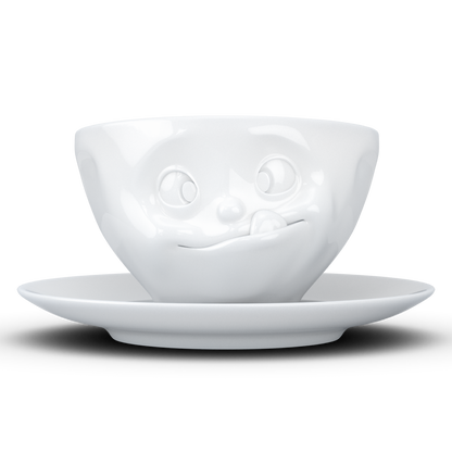 FiftyEight Kaffeetasse "Lecker", Front, weiß