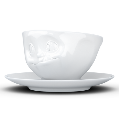 FiftyEight Kaffeetasse "Lecker", seitlich, weiß