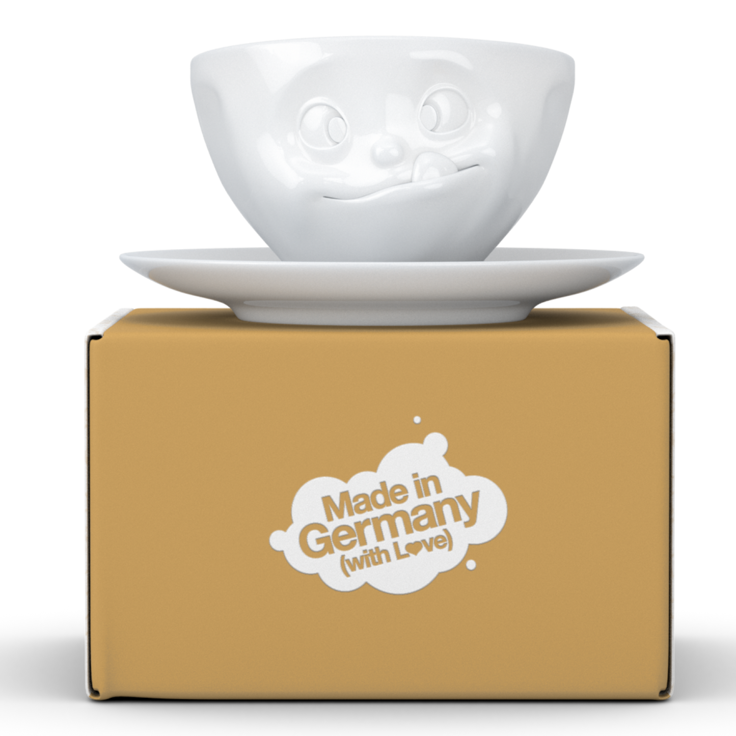 FiftyEight Kaffeetasse "Lecker", Front mit Geschenkbox, weiß