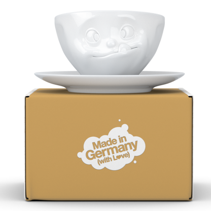 FiftyEight Kaffeetasse "Lecker", Front mit Geschenkbox, weiß