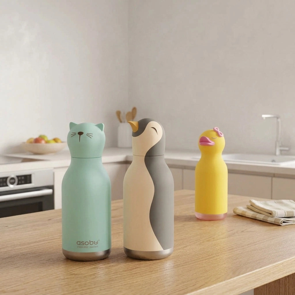 Asobu-Isolierflaschen als Geburtstagsgeschenke: mintgrüne Katze, grau-weißer Pinguin und gelbe Ente auf einer Kücheninsel