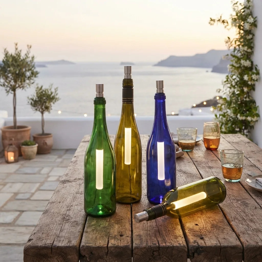 Bottlelight-Flaschenlampen als Geburtstagsgeschenke: leuchtende grüne, blaue und bernsteinfarbene Flaschen auf einem Holztisch