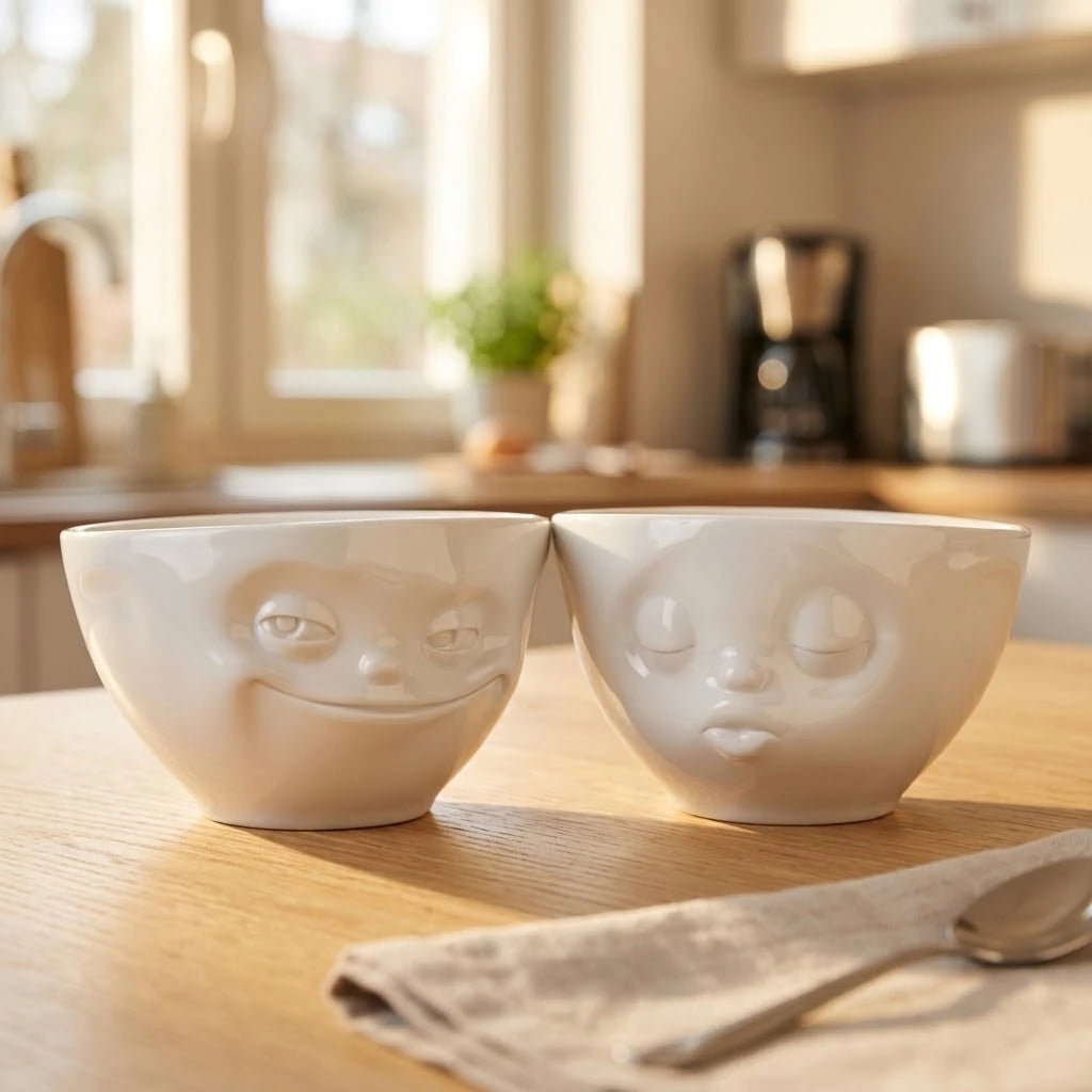 Fiftyeight-Schälchen-Set als Geburtstagsgeschenk: zwei weiße Schälchen mit grinsendem und küssendem Gesicht auf einem Holztisch